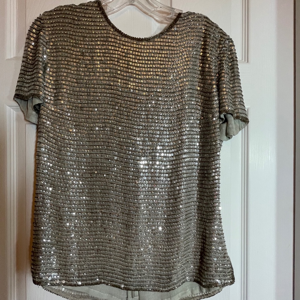 Silver Sequin and Beaded Short Sleeve Top